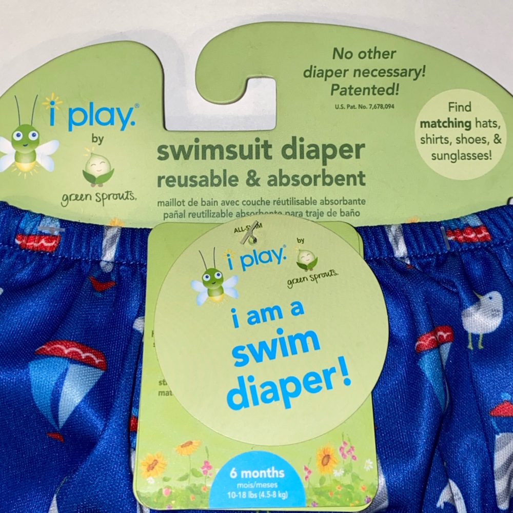 NEW 6 mo 10-18 lbs  Swim Diaper Blue Sailboats Green Sprouts, I Play NEW COPY